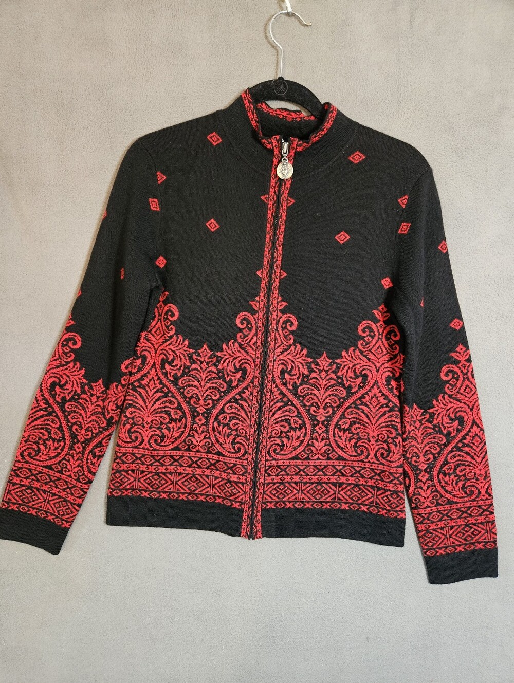 Neve Paisley Snowflake 100 Wool Full Zip Cardigan Sweater Women Medium Red Black